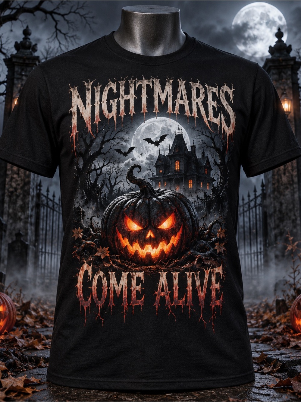 Gildan Black Halloween Tee with Glowing Orange Pumpkin Graphic